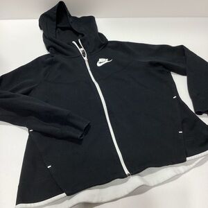 Nike Zip Front Hoodie Sweatshirt Wide Hem Black With White Detail Scuba Hood XXL